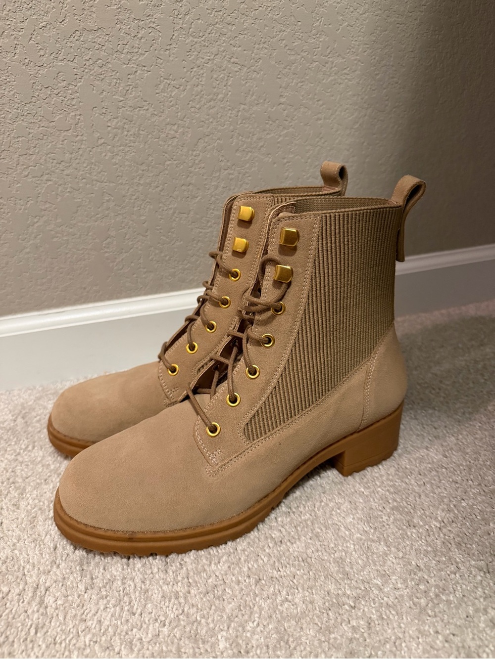 Cole Haan Camea Waterproof Lace-Up Combat Boots in Beige Suede - Picture 4 of 6